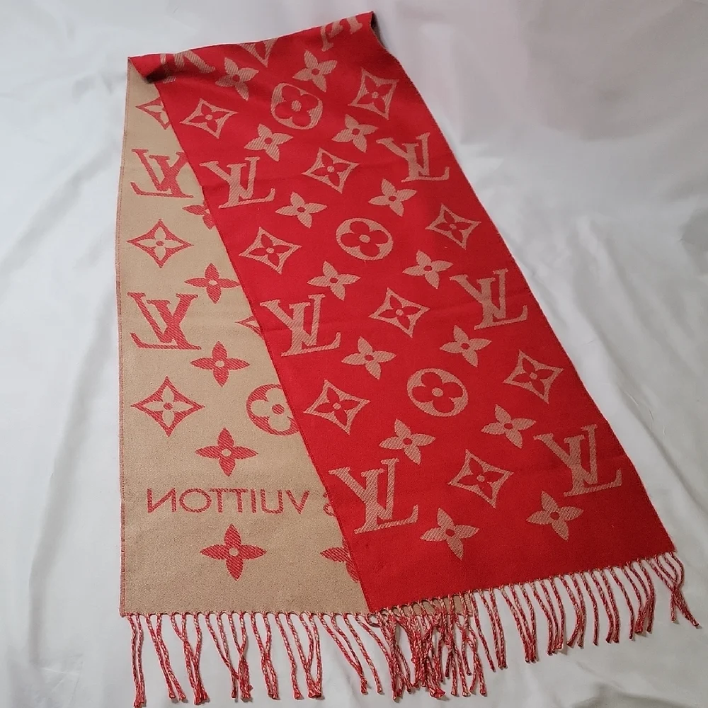 Louis Vuitton Red and Beige Monogram Reversible Scarf with Fringe